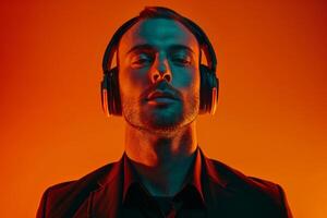 Handsome Male Model in Metallic Headphones with Neon Orange Trendy Urban portrait Contemporary Lifestyle photography photo