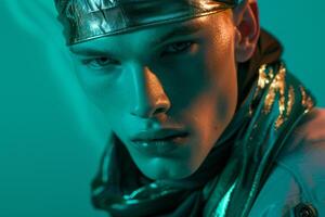 Fashionable Male Model in Metallic Bandana with Neon Teal Trendsetting Urban portrait Modern Lifestyle photography photo