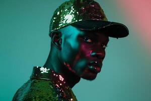 Trendsetting Male Model in Sequined Cap with Neon Green Stylish Urban portrait Modern Lifestyle photography photo