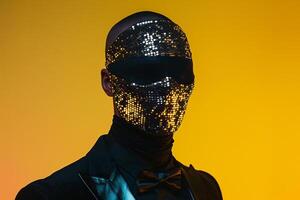 Handsome Male Model in Sequined Face Mask with Neon Yellow Chic Urban portrait Trendsetting Lifestyle photography photo