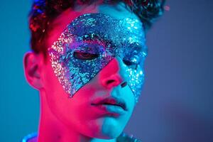 Handsome Male Model in Sequined Face Mask with Neon Blue Trendsetting Urban portrait Chic Lifestyle photography photo