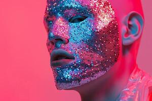 Stylish Fashion Male Model in Sequined Face Mask with Neon pink Trendy Urban portrait with a Chic Neon Background photo