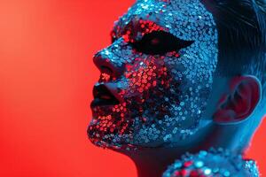 Trendy Fashion Male Model in Sequined Face Mask with Neon Red Background Urban portrait with Chic Neon Red Aesthetic photo