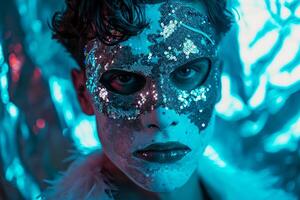 Trendy Fashion Male Model in Sequined Face Mask with Neon Teal Modern portrait Featuring Vibrant Neon Teal Setting photo