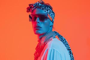 Handsome Male Model in Casual Bandana with Neon Coral Modern Males portrait Featuring Trendy Neon Coral Background photo