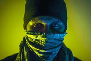 Trendy Male Model in Dark Grey Bandana with Neon Yellow Stylish Males portrait Featuring Vibrant Neon Yellow Background photo