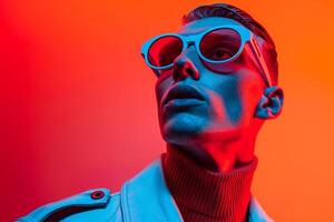 Fashion Male Model in Gradient eyewear with Neon Red Modern Males portrait Featuring Vibrant Neon Red Background photo