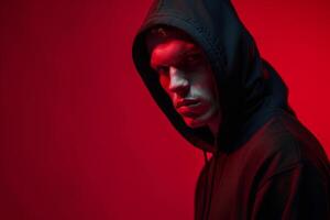 Handsome Fashion Male Model in Matte Black Hoodie with Neon Red Stylish Males portrait Featuring Neon Red Background photo