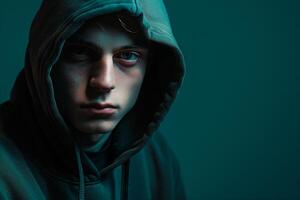 Handsome Fashion Male Model in Dark Green Hoodie with Neon Teal Trendy Males portrait Featuring Vibrant Neon Teal Background photo