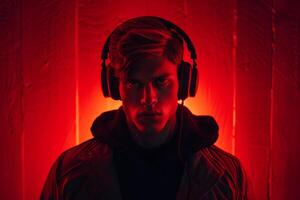 Handsome Fashion Male Model in Charcoal Headphones with Neon Red Modern Males portrait Featuring Chic Neon Red Background photo