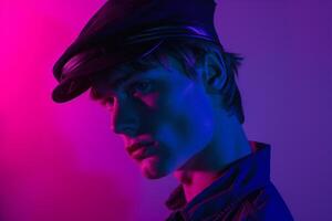 Handsome Fashion Male Model in Black Cap with Neon purple Background Stylish Lifestyle portrait for Contemporary Males Fashion photo