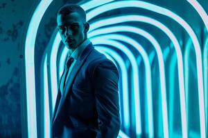 Fashion Male Model in Navy Suit with Neon Teal Background Stylish Lifestyle portrait for Modern Males Fashion photo