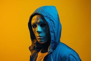 Handsome Fashion Male Model in Gray Face Mask with Neon Yellow Background Chic Lifestyle portrait for Males Fashion photo