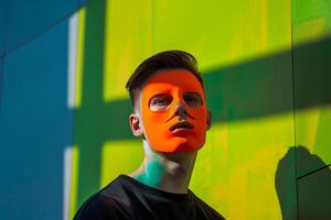 Fashion Male Model in Neon Orange Face Mask with Neon Green Lifestyle Bold and Trendy Males portrait photo