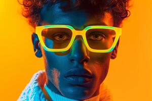 Dynamic Fashion Male Model in Neon Yellow eyewear with Neon Orange Background Lively Males portrait Featuring Modern Urban Style photo