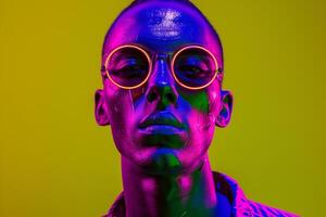 Dynamic Fashion Male Model in Neon purple Face Mask with Neon Green Background Bold and Stylish Males portrait with Urban Flair photo