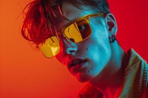 Stylish Male Model in Neon Yellow eyewear with Neon Red Background Dynamic and Contemporary Males portrait Showcasing Urban Fashion photo