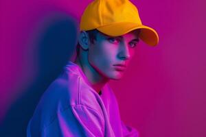 Dynamic Male Model in Neon Yellow Cap with Neon purple Background Stylish and Trendy Males portrait with Urban Fashion edge photo