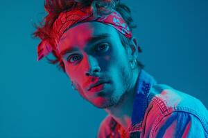 Stylish Male Model in Neon Red Bandana with Neon Aqua Background energetic Urban portrait Featuring Modern Apparel photo