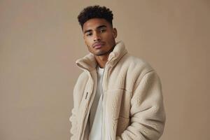 Trendy Fashion Male Model in Fleece Jacket with Light Cream Accents Males portrait with Chic and Stylish Appearance photo