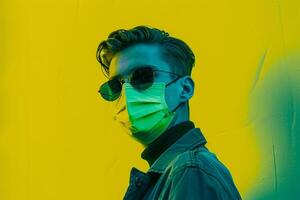 Fashion Male Model in Mint Green Face Mask with Neon Yellow Males portrait Featuring Stylish Look and Chic Appearance with Trendy Modern Background photo
