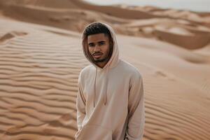 Trendy Hoodie with Soft Sand Handsome Males portrait with Chic Appearance and Modern Fashion Background photo