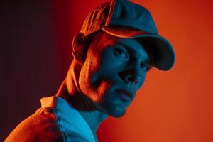 Beige Cap with Neon Red Handsome Males portrait with Stylish Look and Trendy Fashion Background photo
