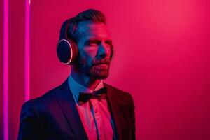 High end Headphones with Neon pink Handsome Males portrait with Stylish Appearance and Fashion Background photo