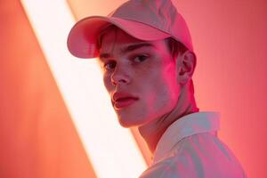 Beige Cap with Neon Coral Handsome Males portrait with Chic Look and Stylish Background photo