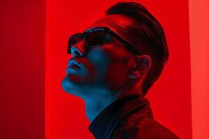 Black eyewear with Neon Red Handsome Males portrait Featuring Stylish Look and Trendy Fashion Background photo
