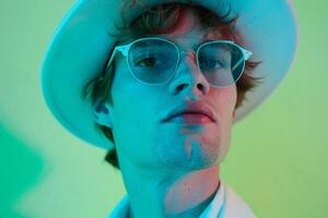 Light Blue eyewear with Neon Green Background Handsome Males portrait Featuring Fashionable Lifestyle and Trendy Style photo