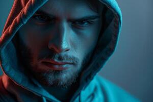 Trendy Hoodie with Soft Blue Background Handsome Males portrait Featuring Stylish Lifestyle and Fashionable Look photo