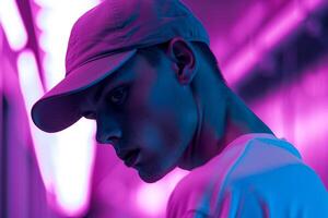 Handsome Fashion Male Model in Gray Cap with Neon purple Background Trendy portrait Featuring Stylish Look photo