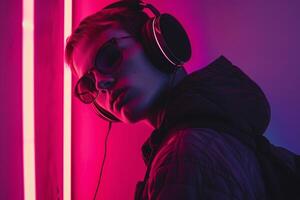High end Headphones with Neon pink Background Handsome Males portrait Featuring Trendy Style photo