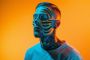 Neon Teal Face Mask with Neon Yellow Background Handsome Males portrait Featuring Trendy Fashion photo