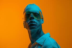 Neon Teal Face Mask with Neon Yellow Background Handsome Males portrait Featuring Trendy Look photo