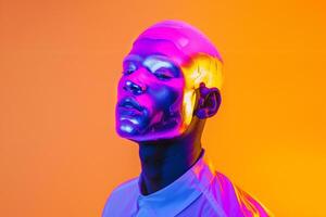 Trendy Males portrait Handsome Male Model in Neon purple Face Mask with Neon Yellow Background photo