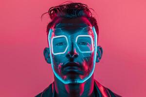 Stylish Males portrait Featuring Handsome Fashion Male Model in Neon Teal Face Mask with Neon pink Background photo