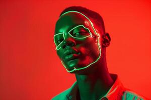 Handsome Fashion Male Model in Neon Green Face Mask with Neon Red Background Trendy Males portrait with Modern Style photo