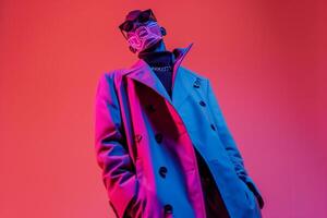 High end portrait of Handsome Male Model in Casual Overcoat with Neon purple Sneaker Mask and Neon Coral Background photo