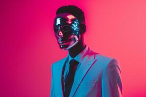 High end Fashion portrait of Handsome Male Model in Casual Suit with Neon Aqua Background Trendy Males portrait photo