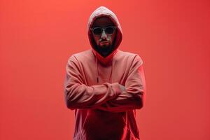 Trendy Male Model in Hoodie with Light Coral Background High end Lifestyle portrait photo
