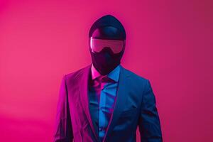 High end Fashion Male Model in Casual Suit with Neon Black Ski Mask and Neon pink Background photo