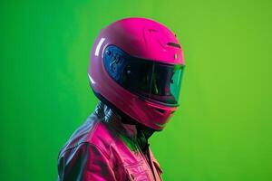Fashionable Handsome Male Model in Neon pink Helmet with Neon Green Background perfect for Males Lifestyle portraits emphasizing Bold and Bright Colors photo