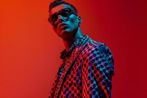 Modern Fashion portrait of Handsome Male Model in patterned Blazer with Red Lifestyle Background photo