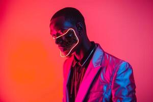 High end Fashion Model in Casual Blazer with Neon Black Sneaker Mask and Neon Coral Background Stylish portrait photo