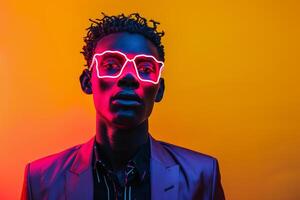 Trendy Blazer Male Fashion Model with Neon Red Sneaker Mask and Neon Yellow Background presenting a Sophisticated Chic Lifestyle portrait photo