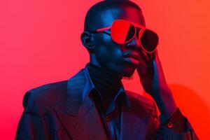 Stylish Male Fashion Model in Casual Blazer with Neon Red Sneaker Mask and Neon pink Background emphasizing an elegant Chic Lifestyle portrait photo