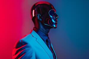 Male Fashion Model in Casual Suit with Males Fashion Face Mask and Neon Blue Background Featuring a Trendy and Modern Look photo