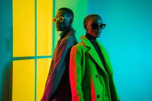 Handsome Fashion Model in Casual Overcoat with Neon Green Background Featuring a Stylish Lifestyle portrait photo
